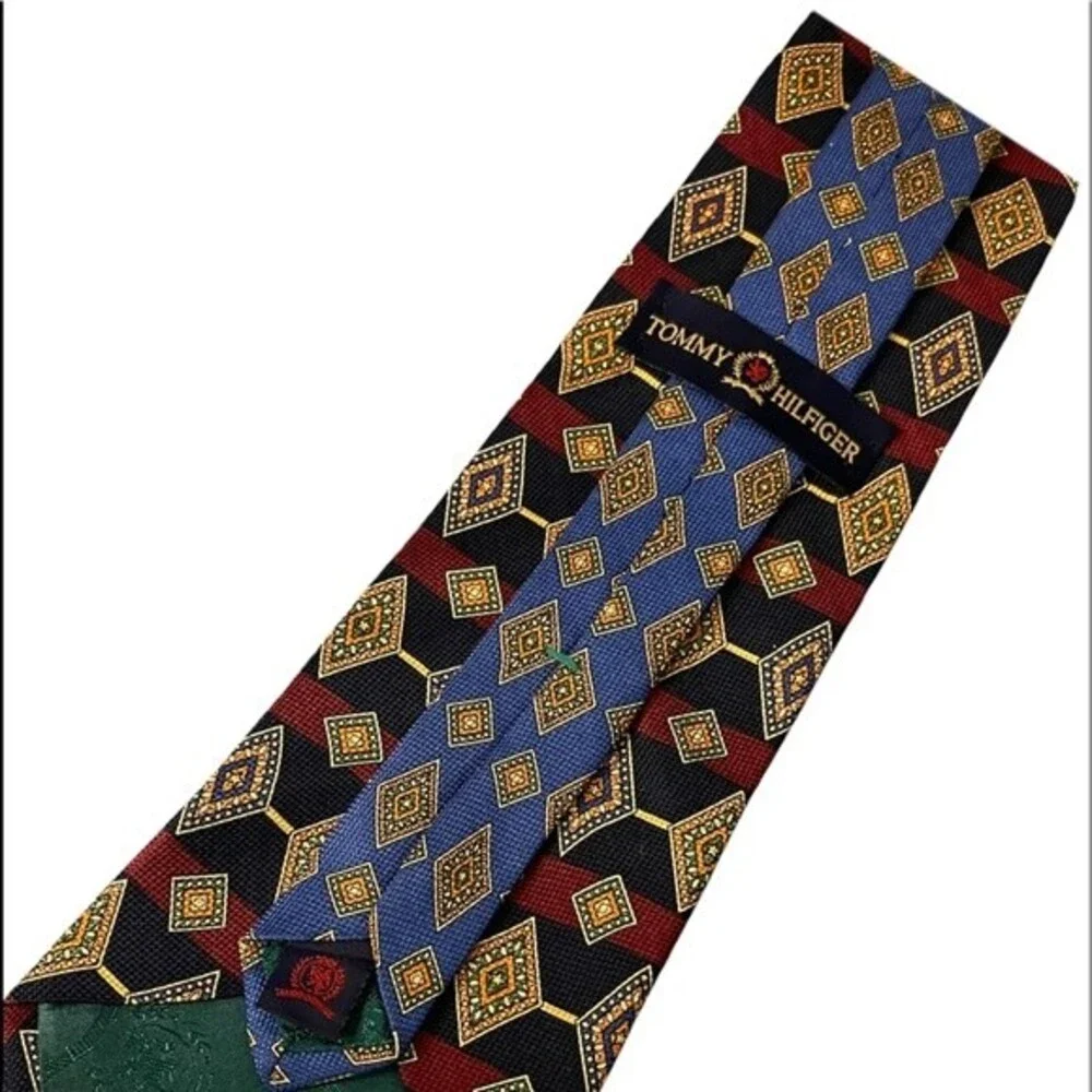 Tommy Hilfiger Tie.Diamond Pattern w/ Red and Blue Stripes.Imported Italian Silk